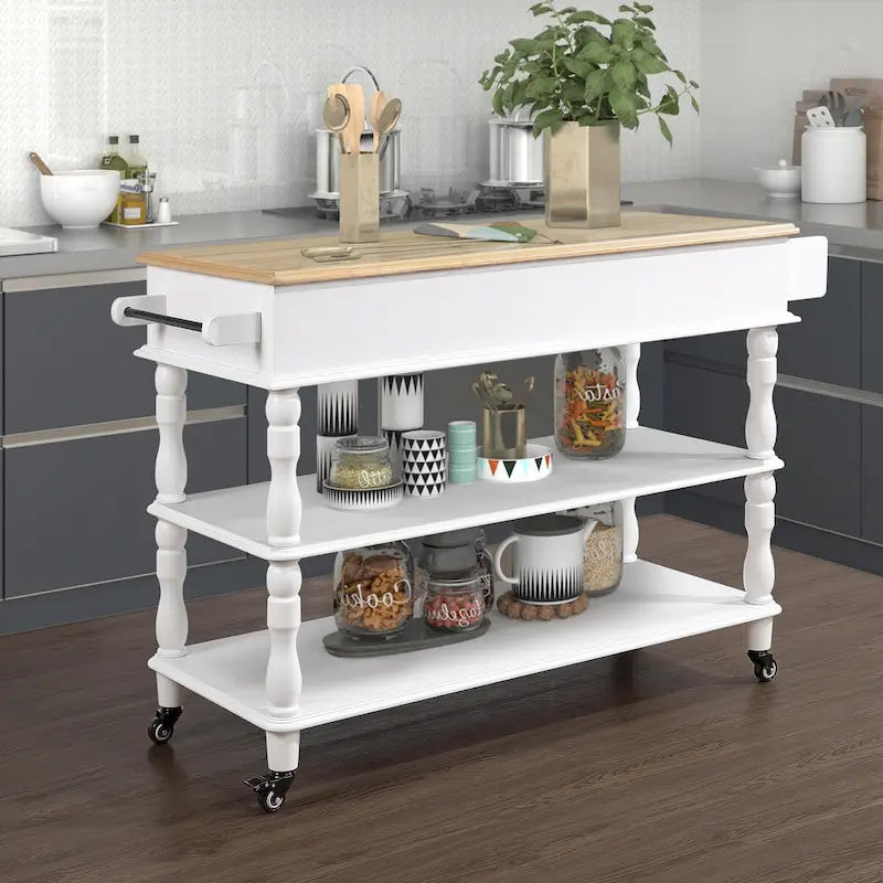 Rolling Kitchen Island Cart with Oak Wood Top, Wine and Spice Rack