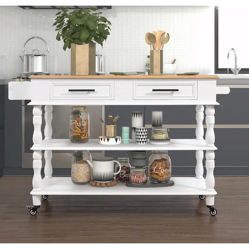 Rolling Kitchen Island Cart with Oak Wood Top, Wine and Spice Rack