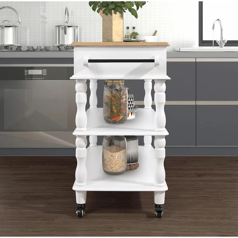 Rolling Kitchen Island Cart with Oak Wood Top, Wine and Spice Rack