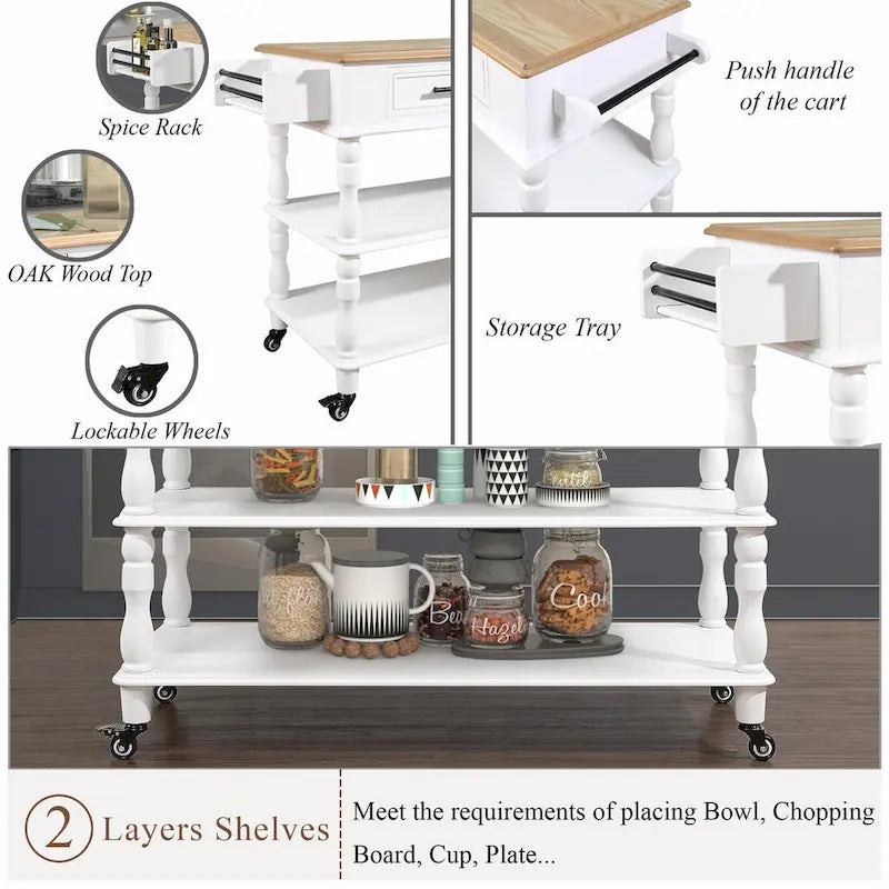 Rolling Kitchen Island Cart with Oak Wood Top, Wine and Spice Rack