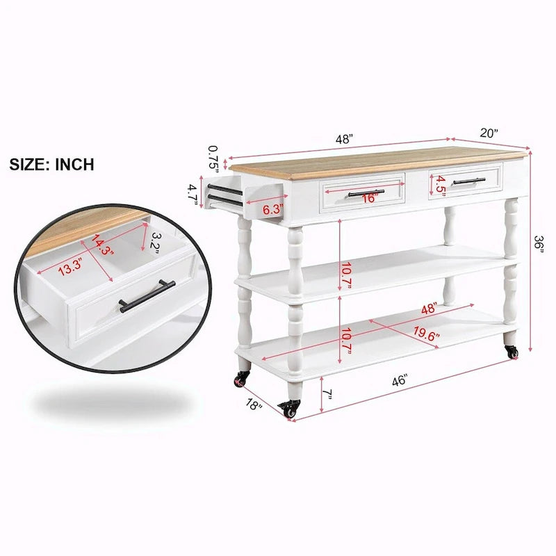 Rolling Kitchen Island Cart with Oak Wood Top, Wine and Spice Rack
