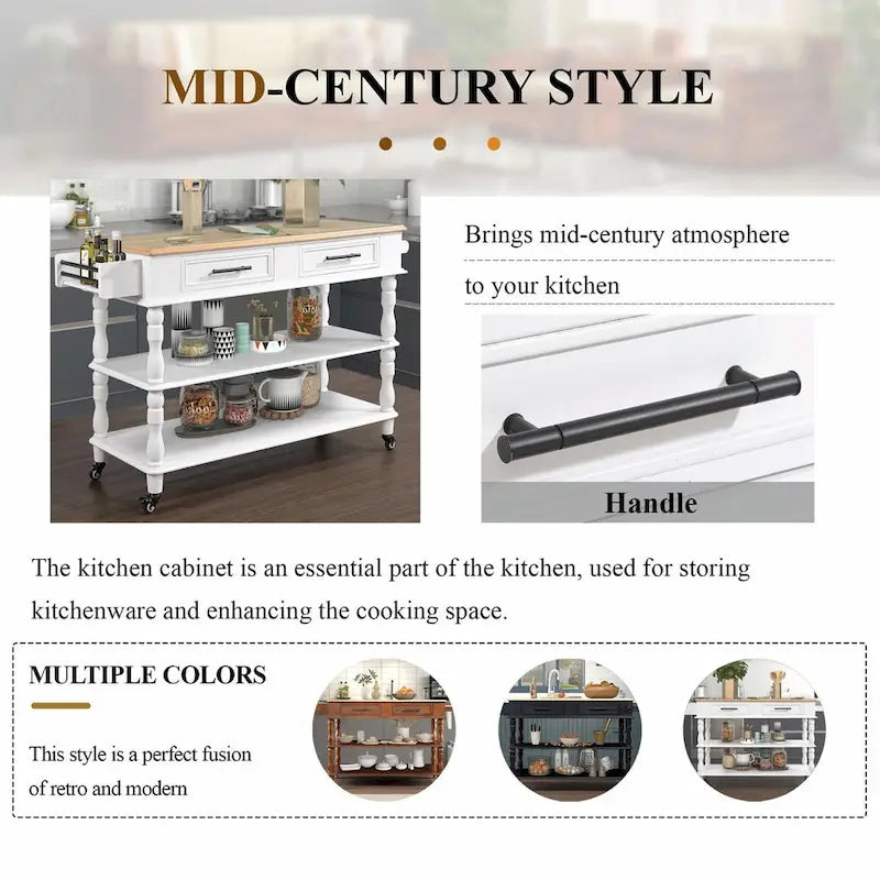 Rolling Kitchen Island Cart with Oak Wood Top, Wine and Spice Rack