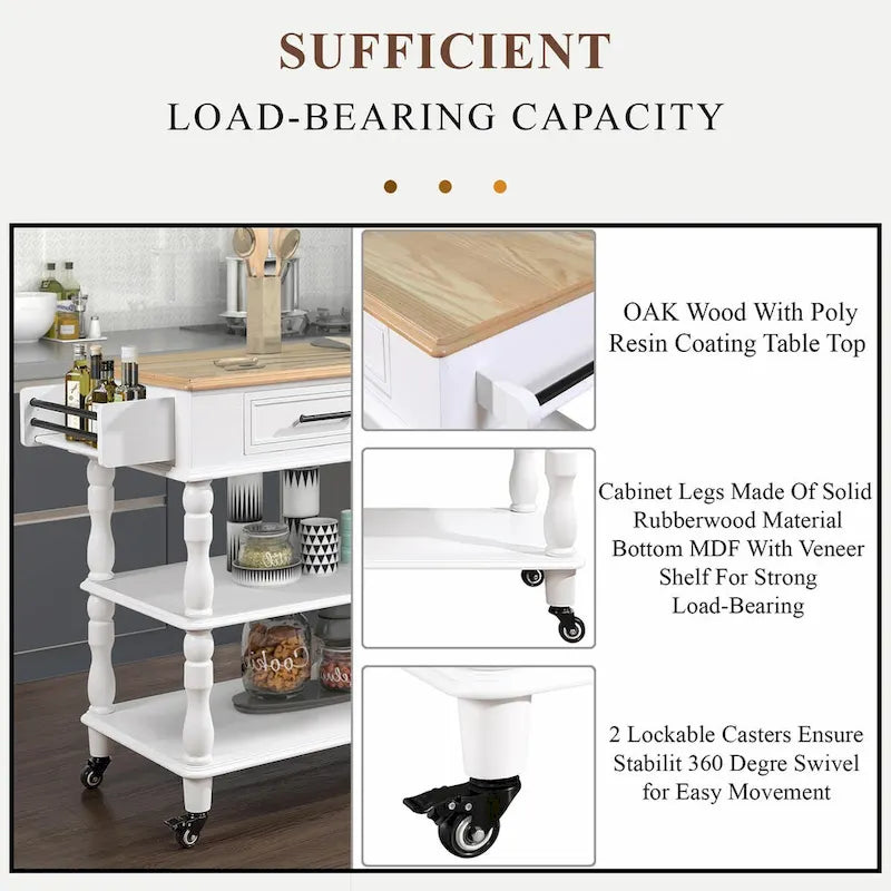 Rolling Kitchen Island Cart with Oak Wood Top, Wine and Spice Rack
