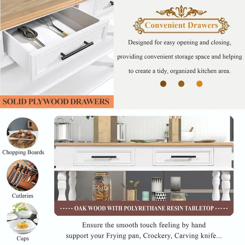 Rolling Kitchen Island Cart with Oak Wood Top, Wine and Spice Rack