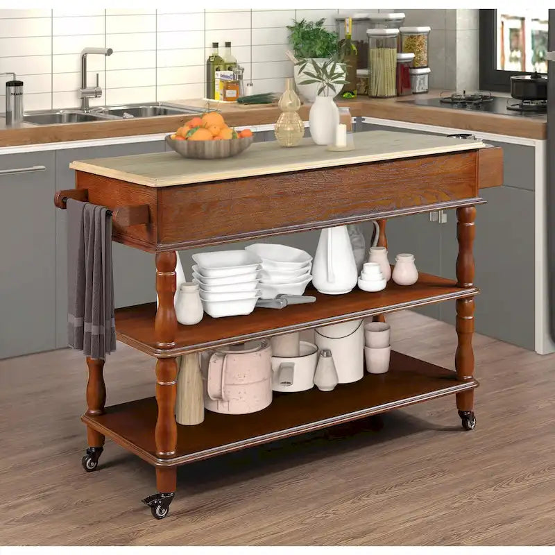 Rolling Kitchen Island Cart with Oak Wood Top, Wine and Spice Rack