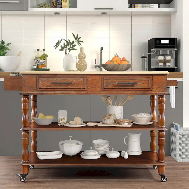 Rolling Kitchen Island Cart with Oak Wood Top, Wine and Spice Rack