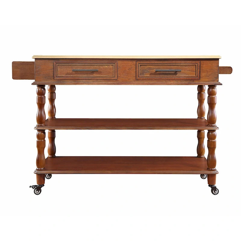 Rolling Kitchen Island Cart with Oak Wood Top, Wine and Spice Rack