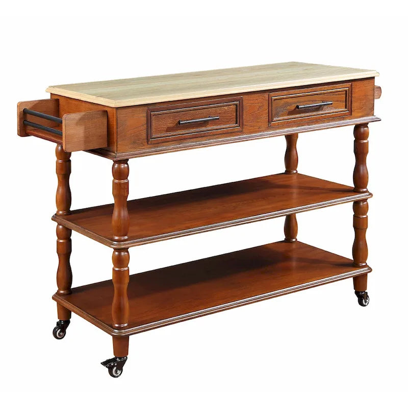 Rolling Kitchen Island Cart with Oak Wood Top, Wine and Spice Rack