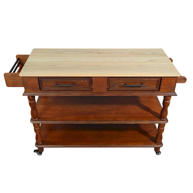 Rolling Kitchen Island Cart with Oak Wood Top, Wine and Spice Rack