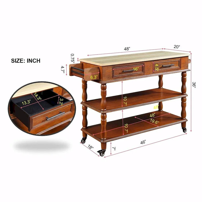 Rolling Kitchen Island Cart with Oak Wood Top, Wine and Spice Rack