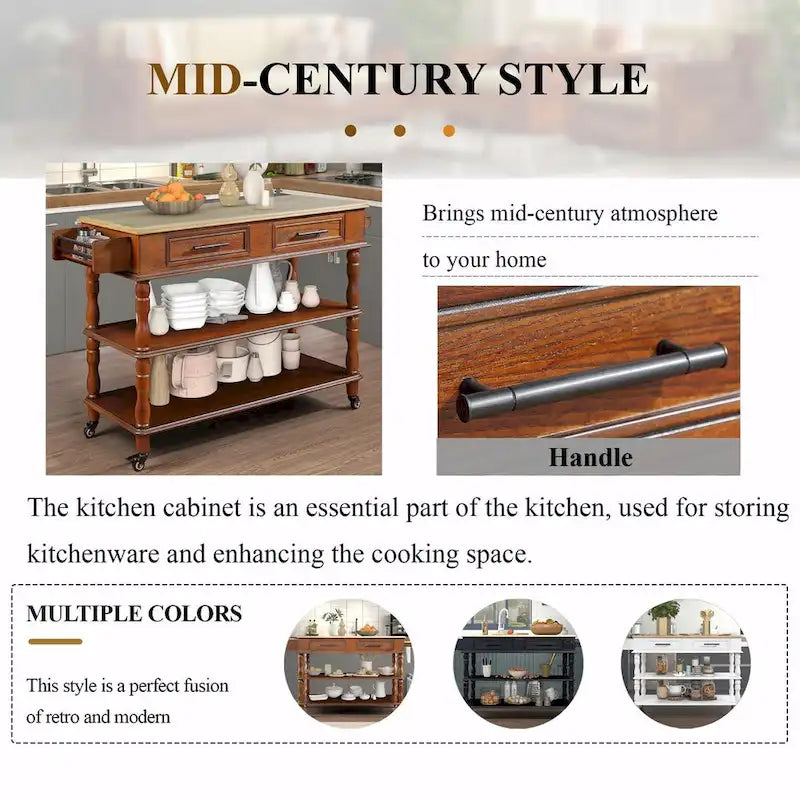 Rolling Kitchen Island Cart with Oak Wood Top, Wine and Spice Rack