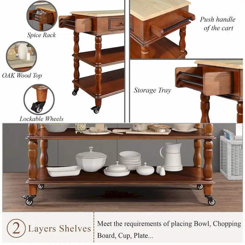 Rolling Kitchen Island Cart with Oak Wood Top, Wine and Spice Rack