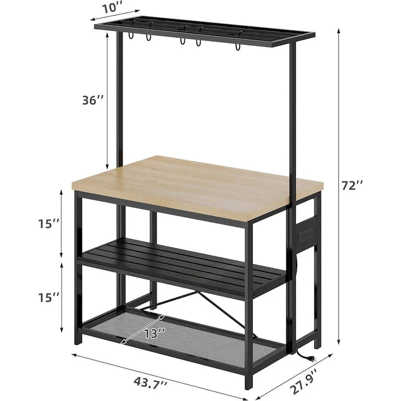 42" Kitchen Island Bakers Rack with 3-Tier Shelf and Hooks