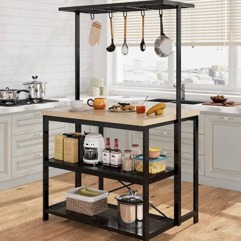 42" Kitchen Island Bakers Rack with 3-Tier Shelf and Hooks