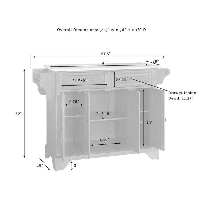 Granite Top Full Size Kitchen Island - 18"D x 51.5"W x 36"H
