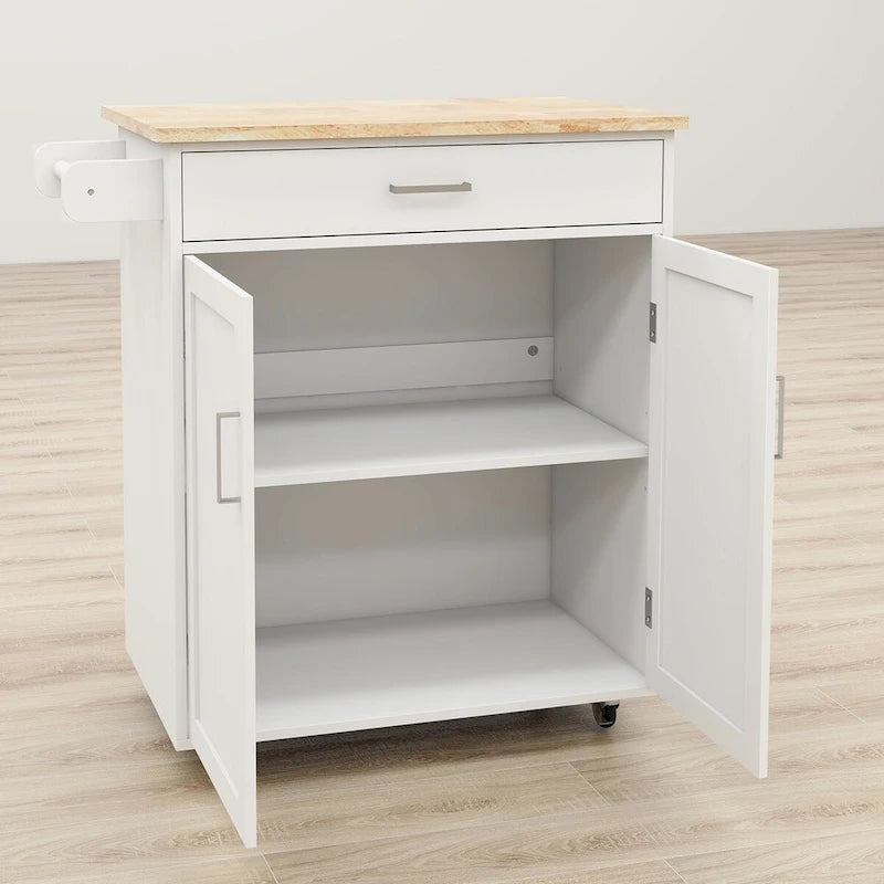 Rolling Kitchen Island with Rubber Wood Top, 33-Inch White Storage Cart with 1 Drawer, Adjustable Shelves & Towel Rack