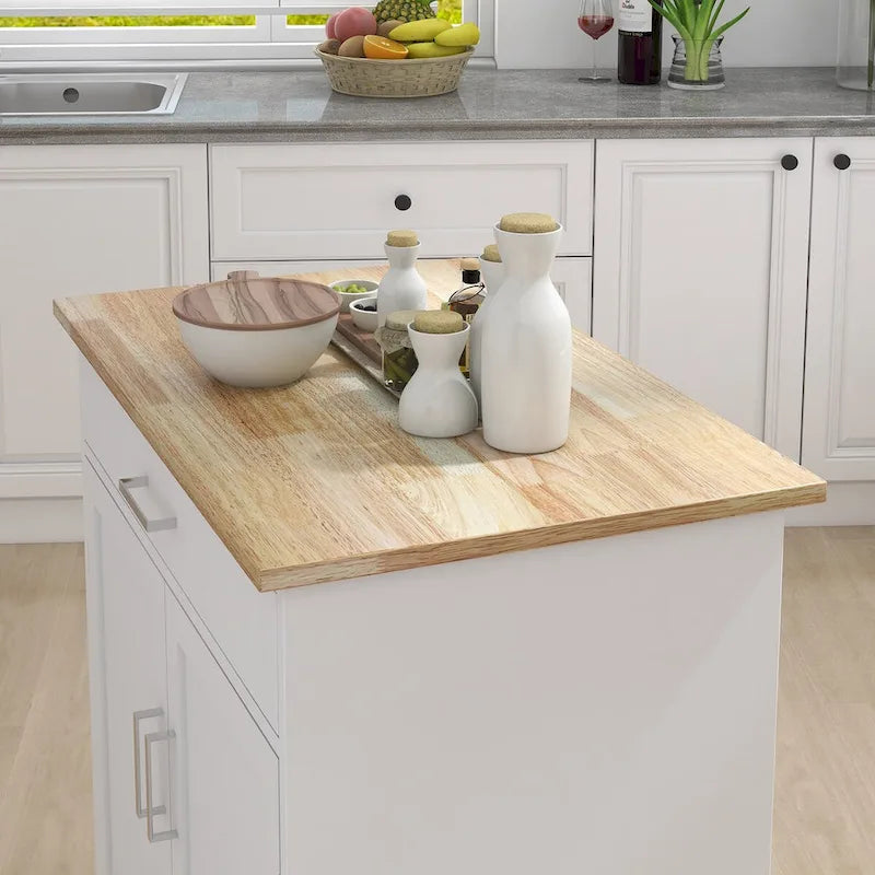 Rolling Kitchen Island with Rubber Wood Top, 33-Inch White Storage Cart with 1 Drawer, Adjustable Shelves & Towel Rack