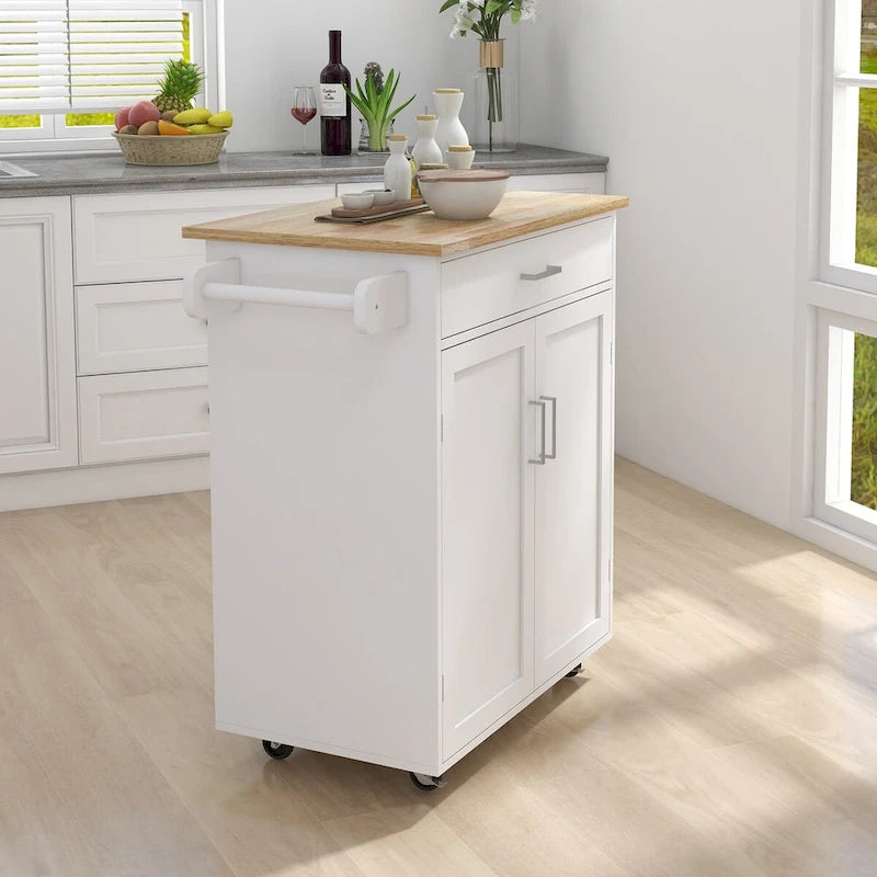 Rolling Kitchen Island with Rubber Wood Top, 33-Inch White Storage Cart with 1 Drawer, Adjustable Shelves & Towel Rack