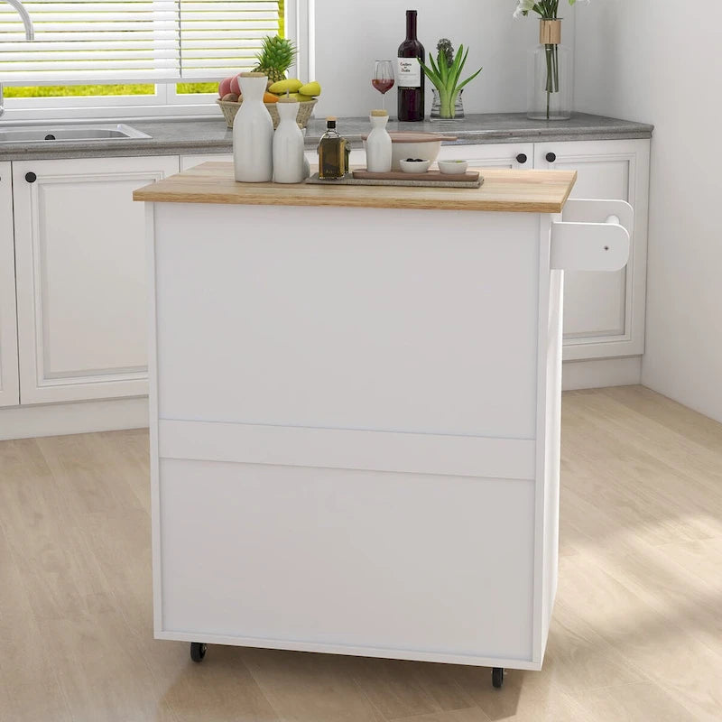 Rolling Kitchen Island with Rubber Wood Top, 33-Inch White Storage Cart with 1 Drawer, Adjustable Shelves & Towel Rack