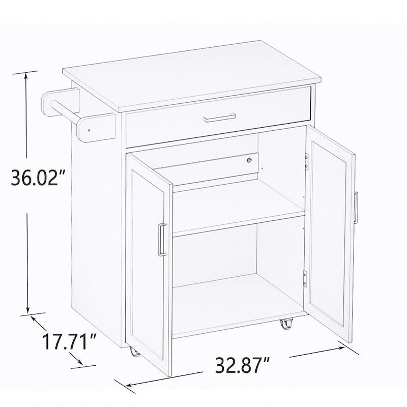 Rolling Kitchen Island with Rubber Wood Top, 33-Inch White Storage Cart with 1 Drawer, Adjustable Shelves & Towel Rack