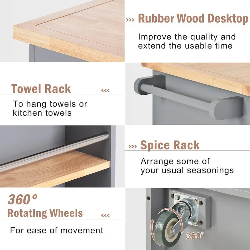 Rolling Kitchen Island with Storage and Wine Rack