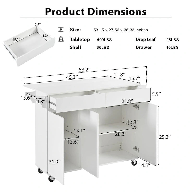 53.2" Rolling Kitchen Island with Drop Leaf, Spice Rack & 2 Drawers