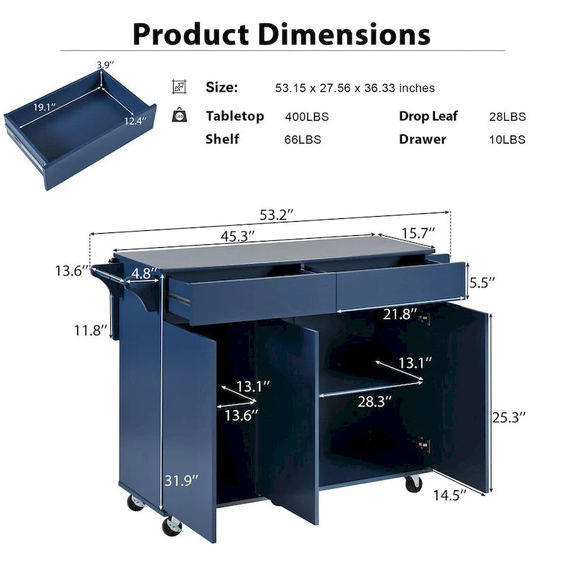53.2" Rolling Kitchen Island with Drop Leaf, Spice Rack & 2 Drawers