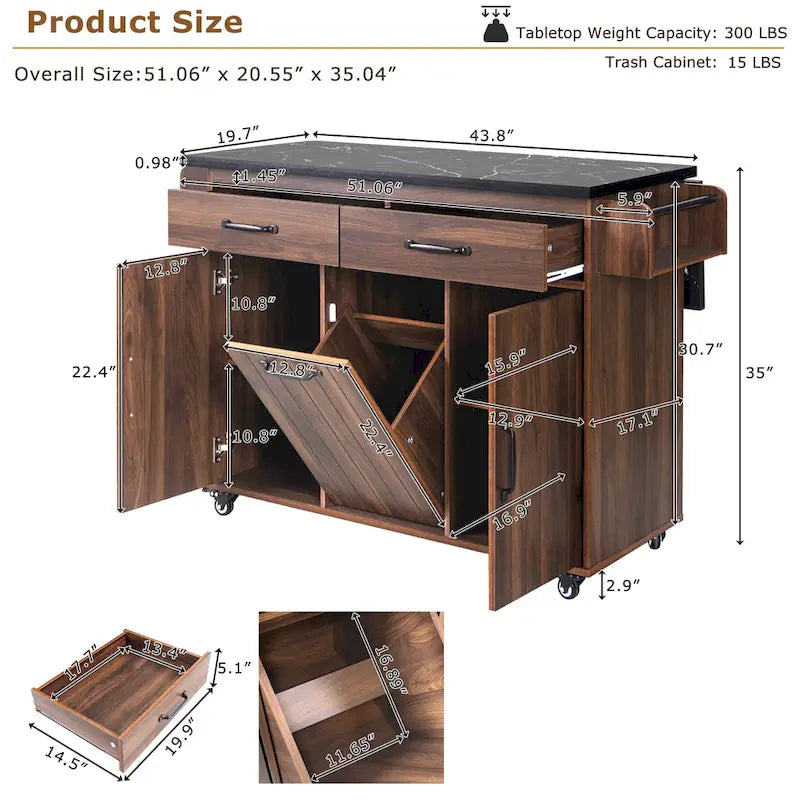 Kitchen Island Cart with Trash Can Storage