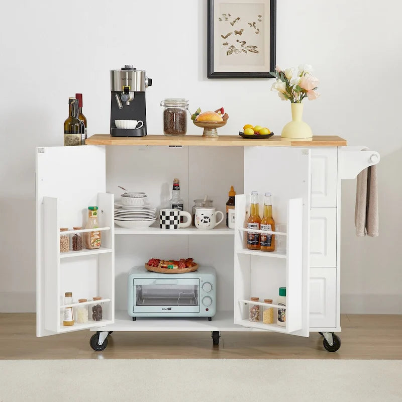 Kitchen Island with Drop Leaf Countertop, Barn Door Cabinet, Tower Rack and Wheels