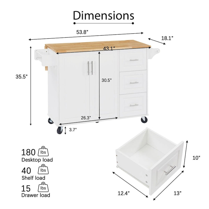 Kitchen Island with Drop Leaf Countertop, Barn Door Cabinet, Tower Rack and Wheels