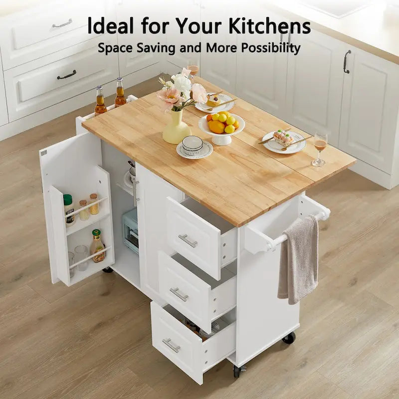 Kitchen Island with Drop Leaf Countertop, Barn Door Cabinet, Tower Rack and Wheels