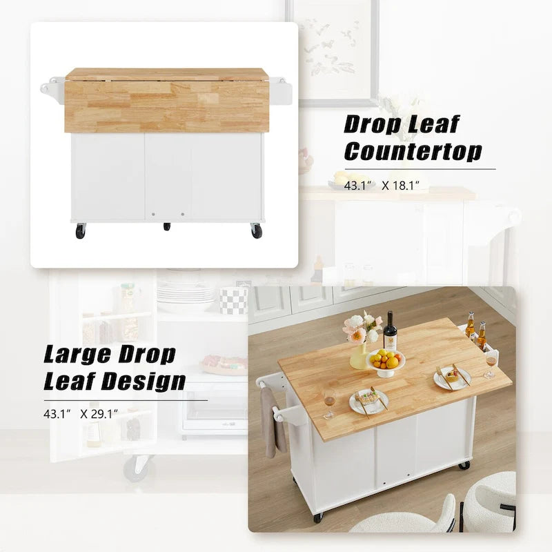 Kitchen Island with Drop Leaf Countertop, Barn Door Cabinet, Tower Rack and Wheels