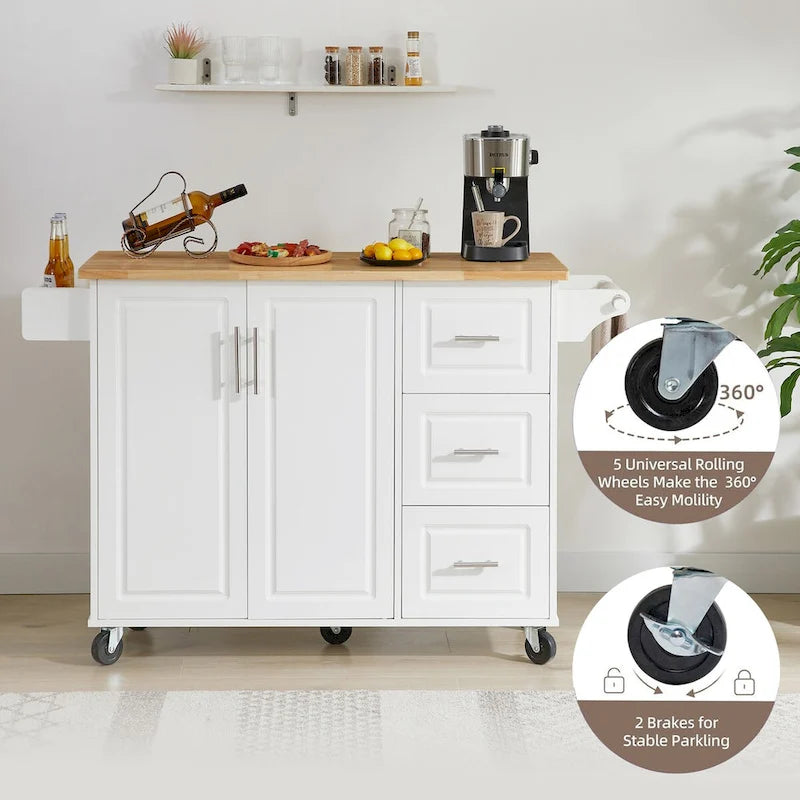 Kitchen Island with Drop Leaf Countertop, Barn Door Cabinet, Tower Rack and Wheels
