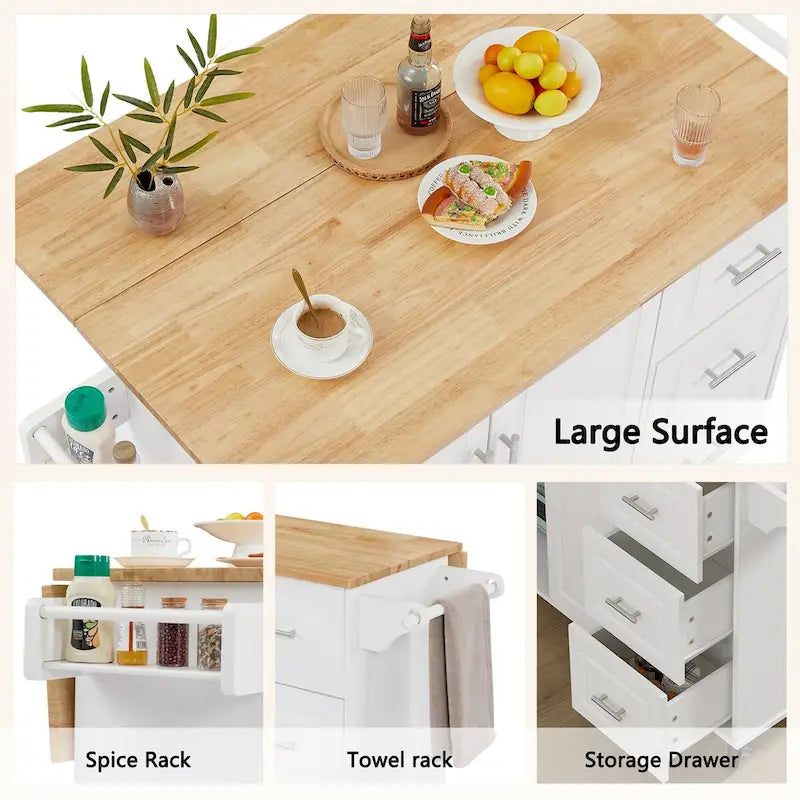 Kitchen Island with Drop Leaf Countertop, Barn Door Cabinet, Tower Rack and Wheels