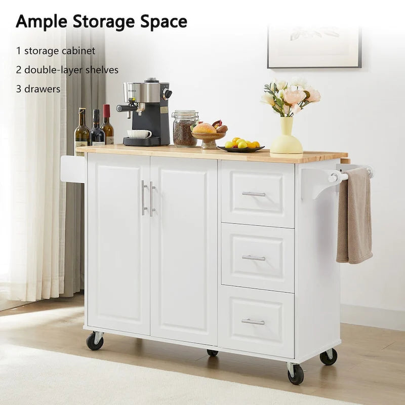 Kitchen Island with Drop Leaf Countertop, Barn Door Cabinet, Tower Rack and Wheels