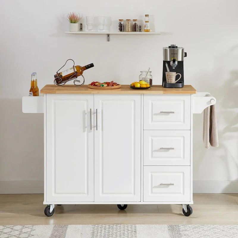 Kitchen Island with Drop Leaf Countertop, Barn Door Cabinet, Tower Rack and Wheels