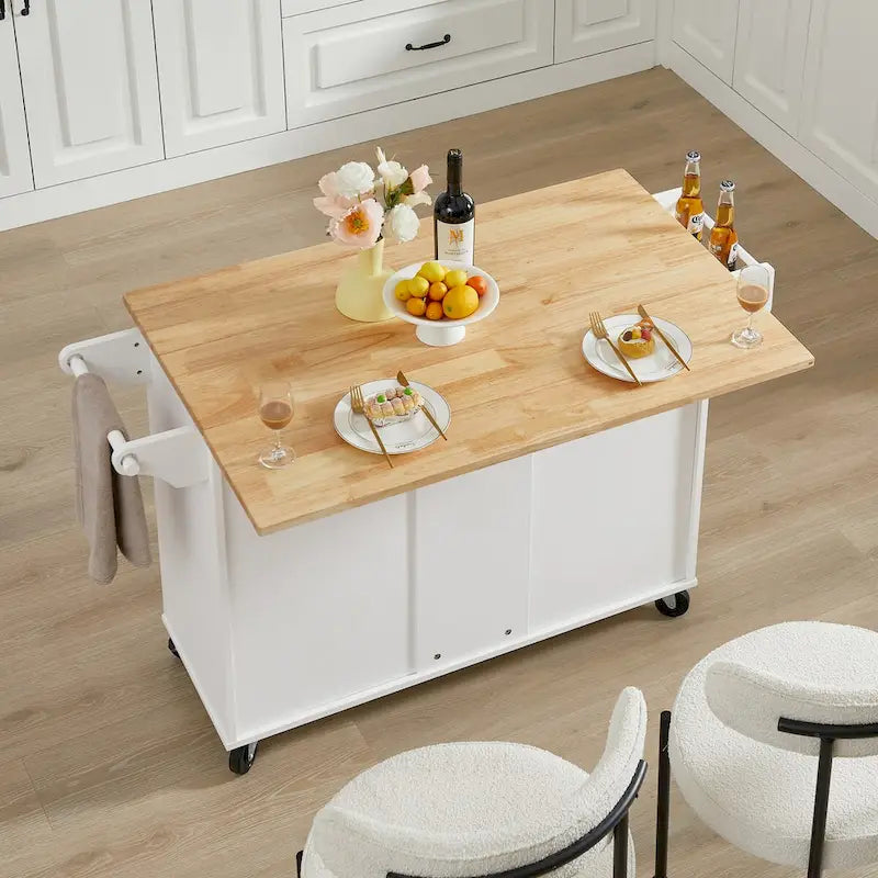 Kitchen Island with Drop Leaf Countertop, Barn Door Cabinet, Tower Rack and Wheels