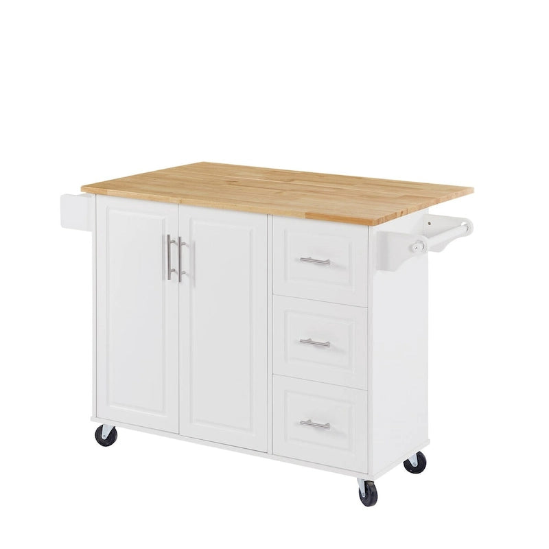 Kitchen Island with Drop Leaf Countertop, Barn Door Cabinet, Tower Rack and Wheels