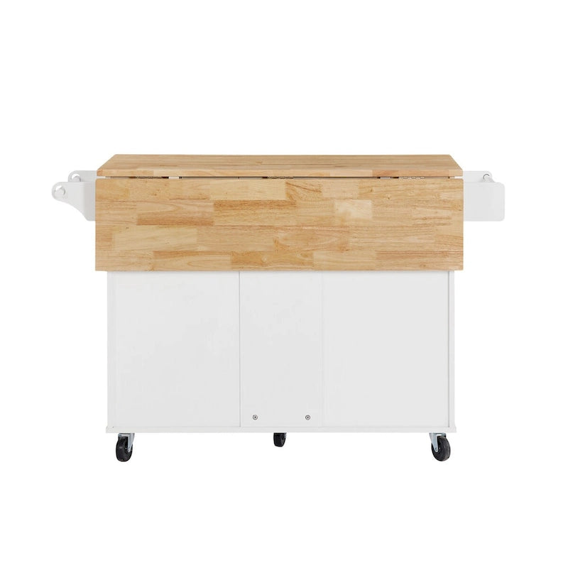 Kitchen Island with Drop Leaf Countertop, Barn Door Cabinet, Tower Rack and Wheels