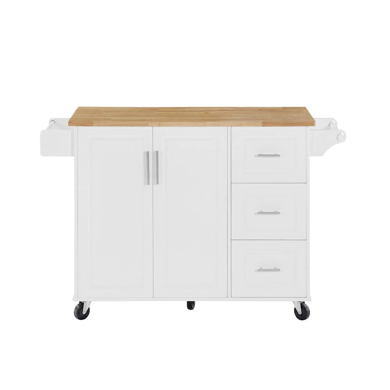 Kitchen Island with Drop Leaf Countertop, Barn Door Cabinet, Tower Rack and Wheels