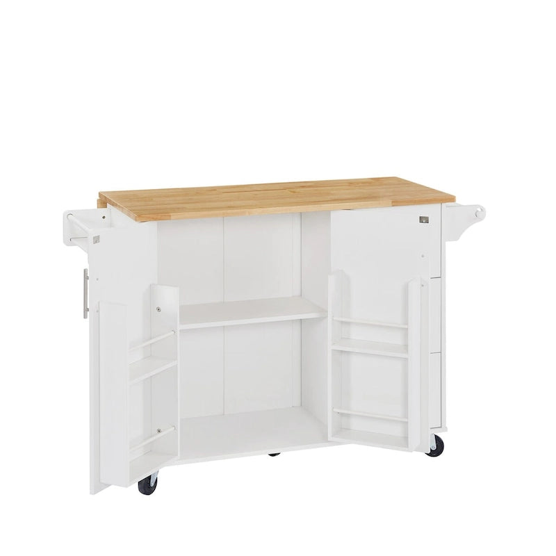 Kitchen Island with Drop Leaf Countertop, Barn Door Cabinet, Tower Rack and Wheels