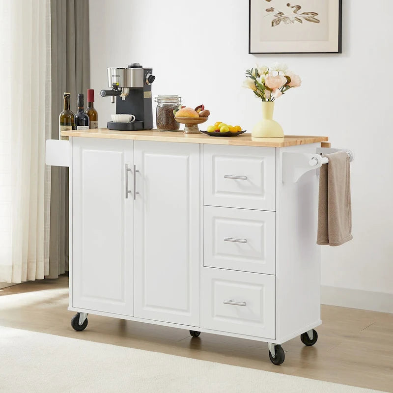 Kitchen Island with Drop Leaf Countertop, Barn Door Cabinet, Tower Rack and Wheels
