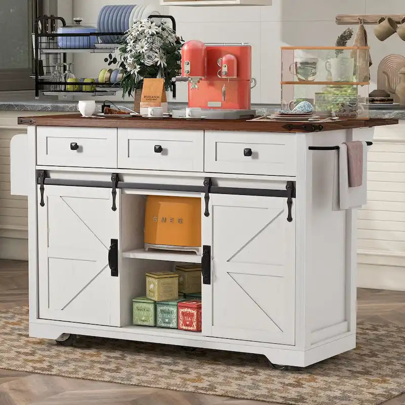 53.7" Kitchen Island with Power Outlet & 2 Sliding Barn Doors, Drop Leaf & Rolling Wheels