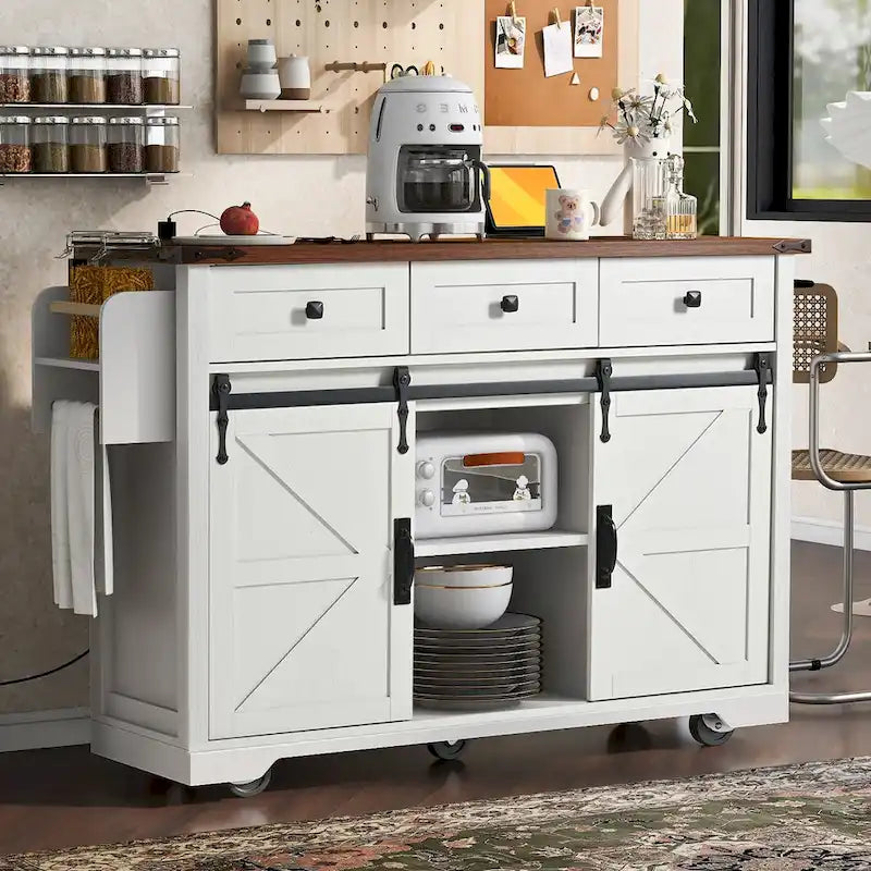 53.7" Kitchen Island with Power Outlet & 2 Sliding Barn Doors, Drop Leaf & Rolling Wheels