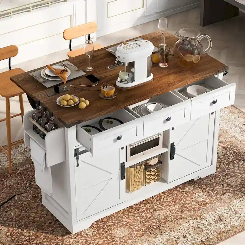53.7" Kitchen Island with Power Outlet & 2 Sliding Barn Doors, Drop Leaf & Rolling Wheels