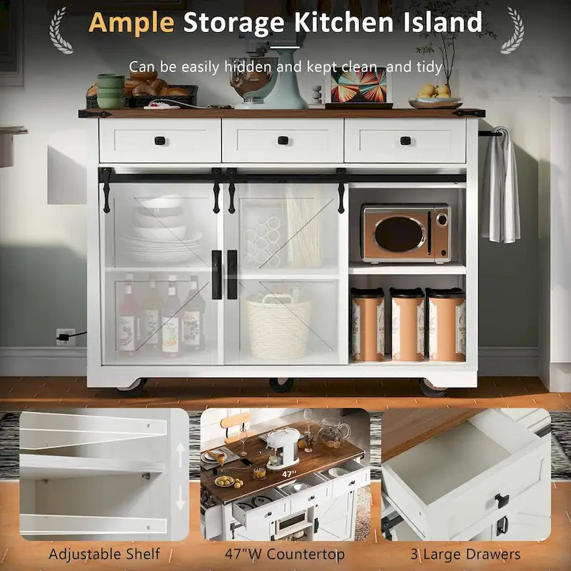 53.7" Kitchen Island with Power Outlet & 2 Sliding Barn Doors, Drop Leaf & Rolling Wheels