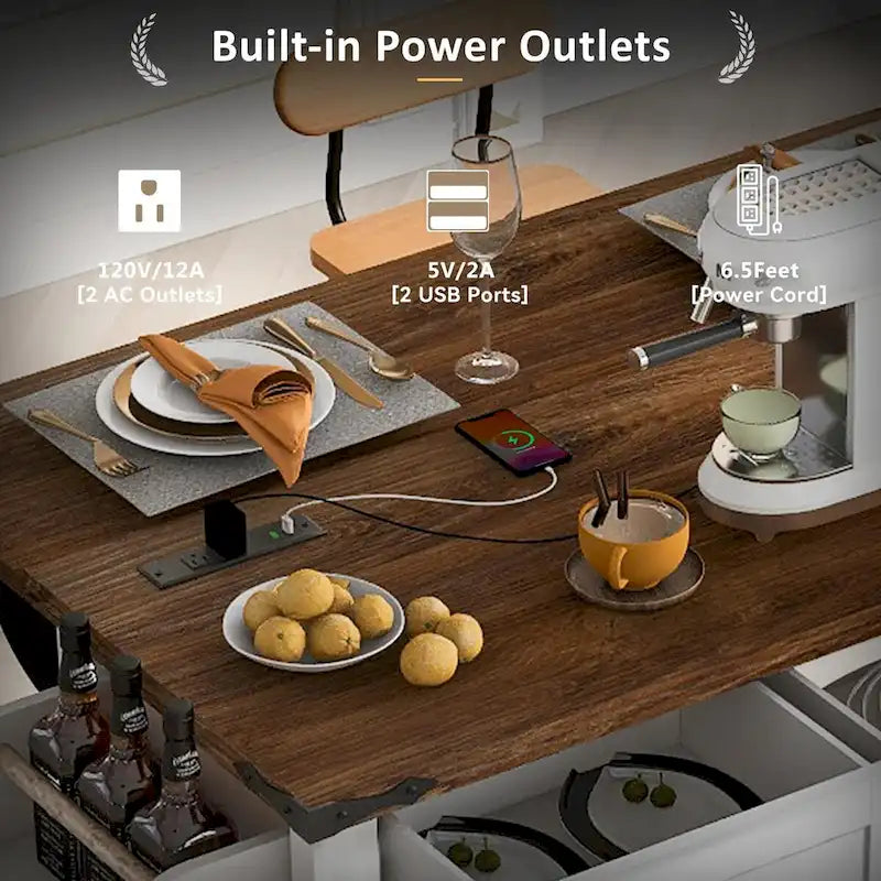 53.7" Kitchen Island with Power Outlet & 2 Sliding Barn Doors, Drop Leaf & Rolling Wheels
