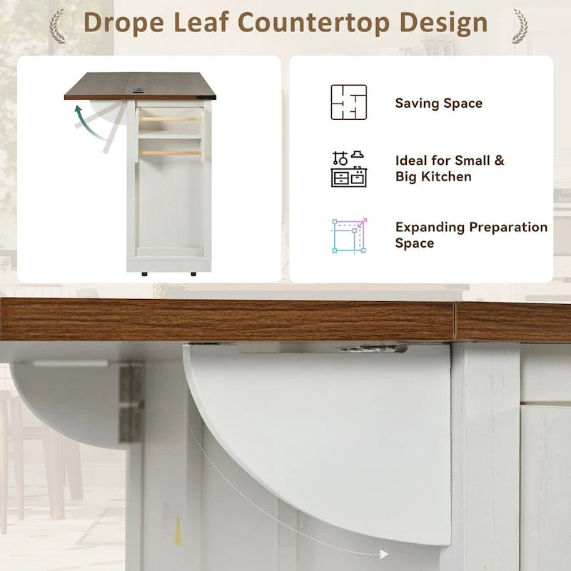 53.7" Kitchen Island with Power Outlet & 2 Sliding Barn Doors, Drop Leaf & Rolling Wheels