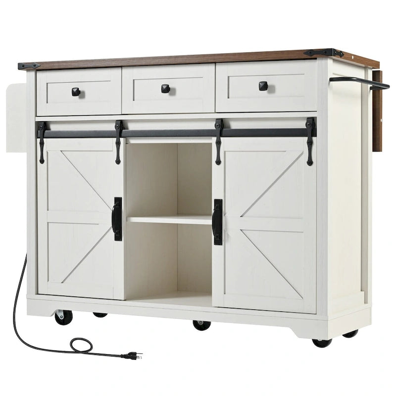 53.7" Kitchen Island with Power Outlet & 2 Sliding Barn Doors, Drop Leaf & Rolling Wheels