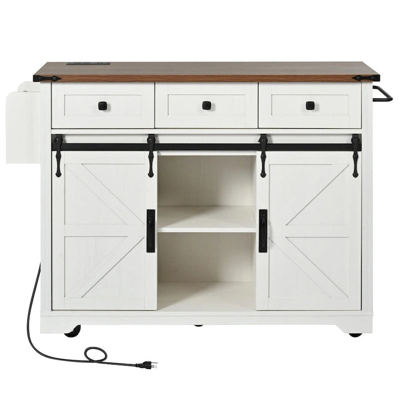 53.7" Kitchen Island with Power Outlet & 2 Sliding Barn Doors, Drop Leaf & Rolling Wheels